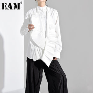 [EAM] 2020 New Spring Autumn Stand Collar Long Sleeve White Loose Pleated Split Temperament Shirt Women Blouse Fashion YG6380