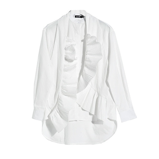 [EAM] 2020 New Spring Autumn Stand Collar Long Sleeve White Loose Pleated Split Temperament Shirt Women Blouse Fashion YG6380