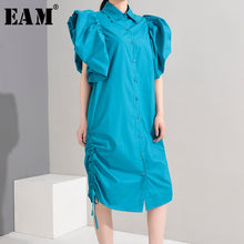 Load image into Gallery viewer, [EAM] Women Blue Drawstring Pleated Shirt Dress New Round Neck Short Puff Sleeve Loose Fit Fashion Spring Summer 2020 1U50505
