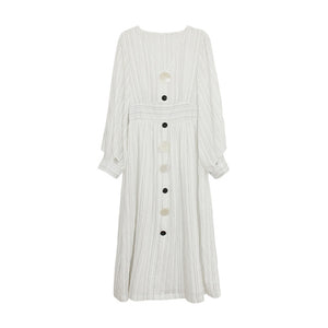 [EAM] Women White Striped Shell Button Elegant Dress New V-Neck Long Sleeve Loose Fit Fashion Tide Spring Summer 2020 1W493