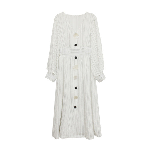 [EAM] Women White Striped Shell Button Elegant Dress New V-Neck Long Sleeve Loose Fit Fashion Tide Spring Summer 2020 1W493