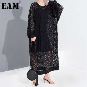 [EAM] Women Black Lace Hollow Out Long Big Size Dress New Round Neck Long Sleeve Loose Fit Fashion Tide Spring Summer 2020