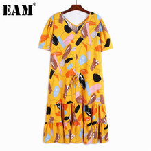 Load image into Gallery viewer, [EAM] Women Pattern Printed Drawstring Long Dress New V-Neck Short Sleeve Loose Fit Fashion Tide Spring Summer 2020 1W058
