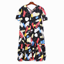 Load image into Gallery viewer, [EAM] Women Pattern Printed Drawstring Long Dress New V-Neck Short Sleeve Loose Fit Fashion Tide Spring Summer 2020 1W058
