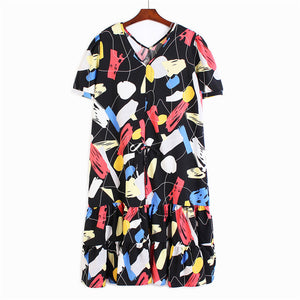 [EAM] Women Pattern Printed Drawstring Long Dress New V-Neck Short Sleeve Loose Fit Fashion Tide Spring Summer 2020 1W058