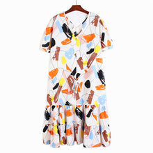 Load image into Gallery viewer, [EAM] Women Pattern Printed Drawstring Long Dress New V-Neck Short Sleeve Loose Fit Fashion Tide Spring Summer 2020 1W058
