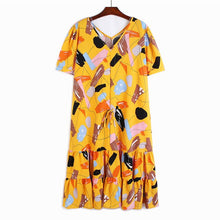 Load image into Gallery viewer, [EAM] Women Pattern Printed Drawstring Long Dress New V-Neck Short Sleeve Loose Fit Fashion Tide Spring Summer 2020 1W058
