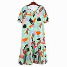 Load image into Gallery viewer, [EAM] Women Pattern Printed Drawstring Long Dress New V-Neck Short Sleeve Loose Fit Fashion Tide Spring Summer 2020 1W058
