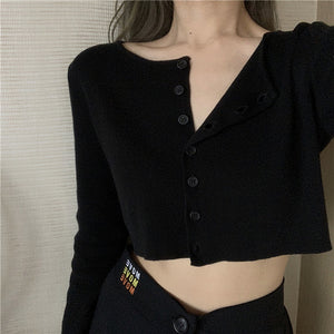 Spring Knitted White Black Cardigan Women Button Up O Neck Korean Button Cute Kwaii Crop Sweater Knitting Top Streetwear