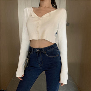 Spring Knitted White Black Cardigan Women Button Up O Neck Korean Button Cute Kwaii Crop Sweater Knitting Top Streetwear