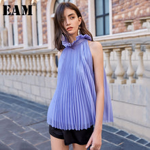 Load image into Gallery viewer, [EAM] Women Purple Pleated Split Blouse New Stand Collar  Sleeveless Loose Fit Shirt Fashion Tide Spring Summer 2020 1W850
