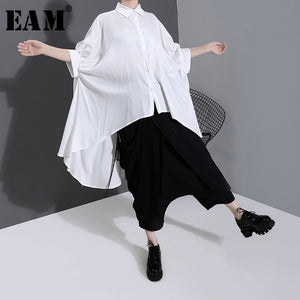 [EAM] Women White Back Long Brief Big Gsize Blouse New Lapel Half Sleeve Loose Fit Shirt Fashion Tide Spring Summer 2020 1W594