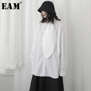 [EAM] Women White Pleated Split Big Size Long Blouse New Bow Collar Long Sleeve Loose Fit Shirt Fashion Spring Summer 2020 1W306