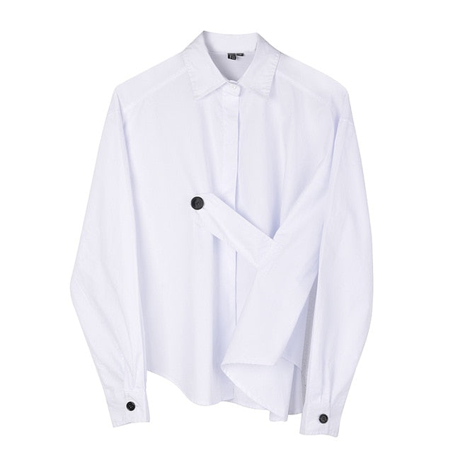 [EAM] Women White Pleated Button Big Size Blouse New Lapel Long Sleeve Loose Fit Shirt Fashion Tide Spring Autumn 2020 1R86100