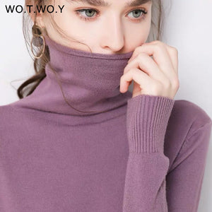 WOTWOY Autumn Winter Slim Turtleneck Sweater Women Basic Bottoming Knitwear Women Knitted Cotton Pullovers Femme Jumper 2020 New