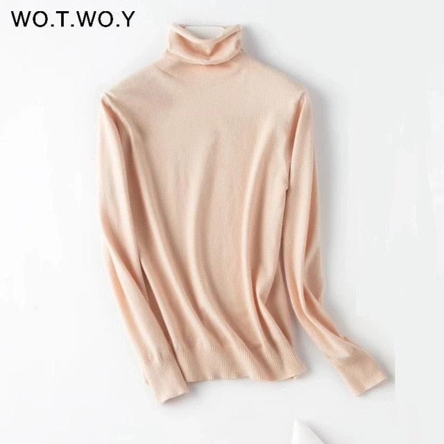 WOTWOY Autumn Winter Slim Turtleneck Sweater Women Basic Bottoming Knitwear Women Knitted Cotton Pullovers Femme Jumper 2020 New