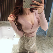 Load image into Gallery viewer, COIGARSAM Sexy Knitting blouse women New Spring Full Sleeve Lurex V-Neck blusas womens tops and blouses Black Pink Purple 7329
