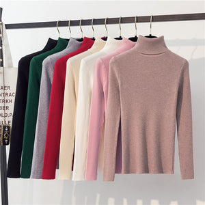 Autumn Winter  Sweater Women Knitted Ribbed Pullover Sweater Long Sleeve Turtleneck Slim Jumper Soft Pull Femme