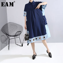 Load image into Gallery viewer, [EAM] Women Blue Hollow Out Pocket Big Size Dress New Round Neck Half Sleeve Loose Fit Fashion Tide Spring Summer 2020 1W734
