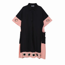 Load image into Gallery viewer, [EAM] Women Blue Hollow Out Pocket Big Size Dress New Round Neck Half Sleeve Loose Fit Fashion Tide Spring Summer 2020 1W734
