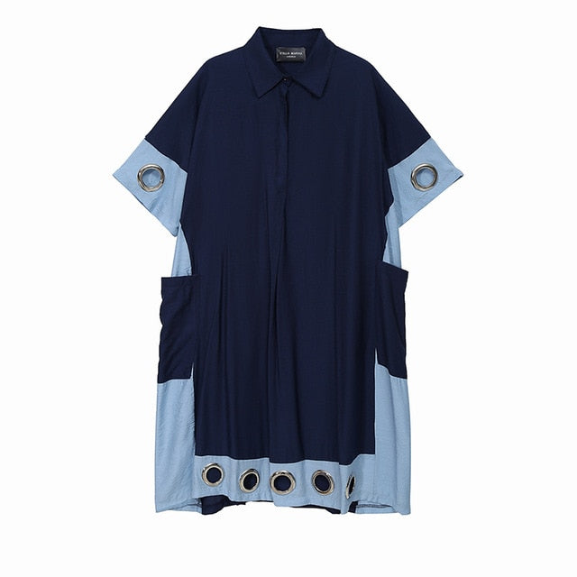 [EAM] Women Blue Hollow Out Pocket Big Size Dress New Round Neck Half Sleeve Loose Fit Fashion Tide Spring Summer 2020 1W734