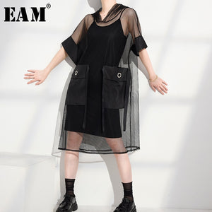 [EAM] Women Black Big Pocket Mesh Stitch Big Size Dress New Hooded Half Sleeve Loose Fit Fashion Tide Spring Summer 2020 1U90901