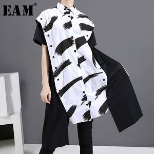 [EAM] Women Pattern Printed Irregular Shirt Dress New Lapel Short Long Sleeve Loose Fit Fashion Tide Spring Summer 2020 1X328