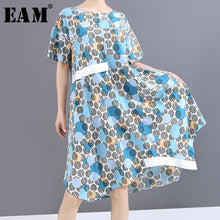 Load image into Gallery viewer, [EAM] Women Blue Pattern Printed Big Size Dress New Round Neck Short Sleeve Loose Fit Fashion Tide Spring Summer 2020 1W927
