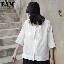 Load image into Gallery viewer, [EAM] Women White Bandage Bow Big Size Blouse New Lapel Three-quarter Sleeve Loose Fit Shirt Fashion Spring Summer 2020 1W721
