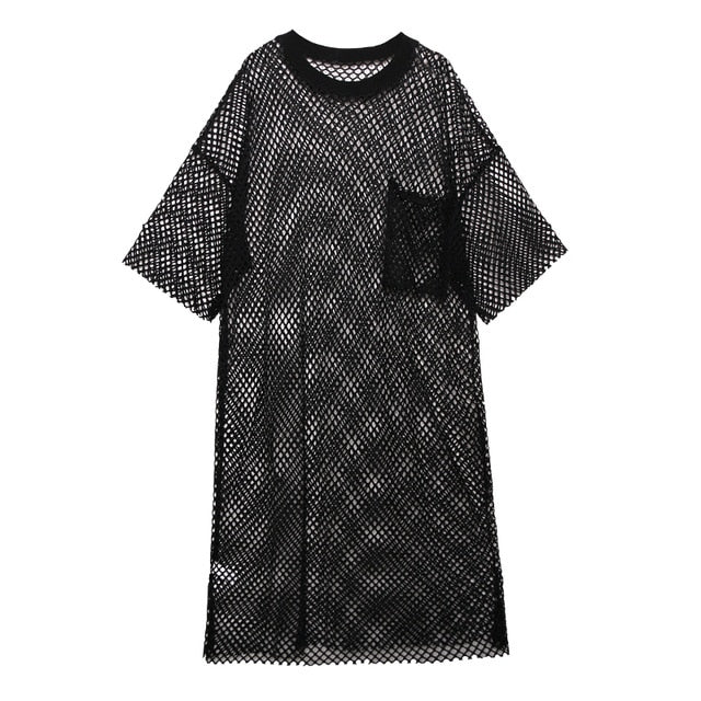 [EAM] Women Hollow Out Perpective Big Size Dress New Round Neck Three-quarter Sleeve Loose Fit Fashion Spring Summer 2020 1W9550