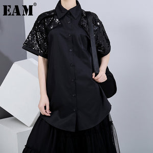 [EAM] Women Black Sequins Split Joint Blouse New Lapel Short Sleeve Loose Fit Shirt Fashion Tide Spring Summer 2020 1U521