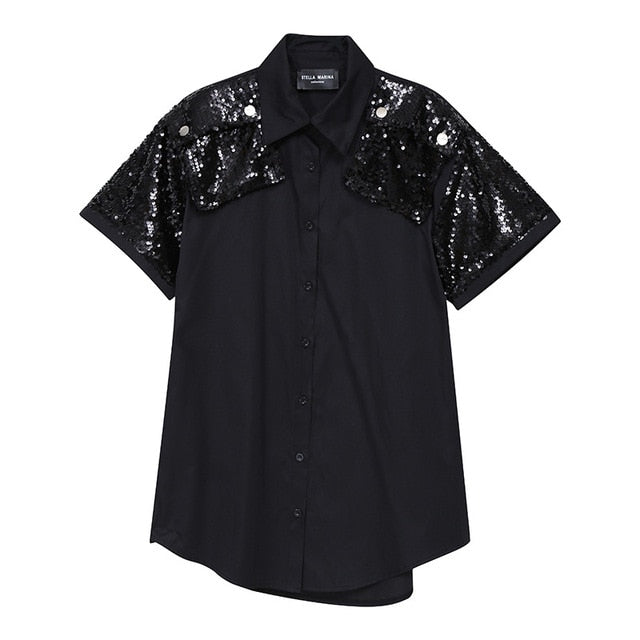 [EAM] Women Black Sequins Split Joint Blouse New Lapel Short Sleeve Loose Fit Shirt Fashion Tide Spring Summer 2020 1U521