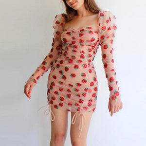 Women's Strawberry Dress Sweet Mesh Vestidos Autumn 2020 Sexy V Neck Puff Sleeve Dress Pleated Patchwork Lace Up Party Dresses