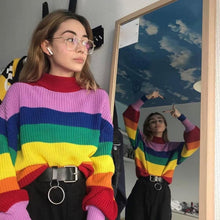 Load image into Gallery viewer, Women&#39;s Rainbow Sweater Turtleneck Colorful Striped Long Sleeve Pullover Tops Autumn 2020 Chic Casual Loose Streetwear Sweaters
