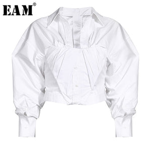 [EAM] Women White Pleated Split Joint Short Blouse New Lapel Long Sleeve Loose Fit Shirt Fashion Tide Spring Autumn 2020 1Y334