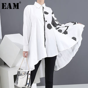 [EAM] Women White Back Long Irregular Big Size Blouse New Lapel Long Sleeve Loose Fit Shirt Fashion Spring Summer 2020 1Y5830