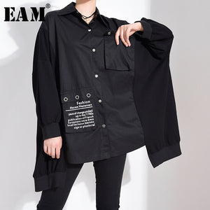 [EAM] Women Printed Irregular Big Size Blouse New Lapel Long Sleeve Loose Fit Shirt Fashion Tide Spring Summer 2020 1R62101