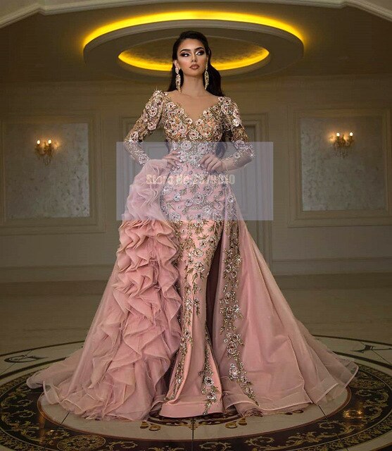 African Pink Luxury V-Neck Mermaid Evening Dress Removable Skirt Floor-Length Applique Beaded Sequins Prom Dress 2020 Dubai