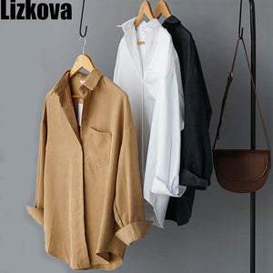 Lizkova White Blouse Women Suede Long Sleeve Formal Shirt 2020 Autumn Lapel Ladies Blouse Streetwear 8866