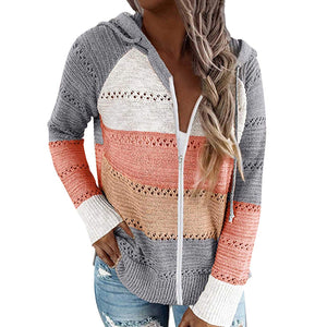 New Women Hooded Cardigans Sweater With Zipper Striped Thin Tops Loose Knitted Hollow Out Coats Autumn Knitwear Outwear Fashion