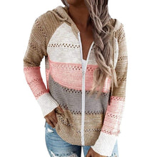 Load image into Gallery viewer, New Women Hooded Cardigans Sweater With Zipper Striped Thin Tops Loose Knitted Hollow Out Coats Autumn Knitwear Outwear Fashion
